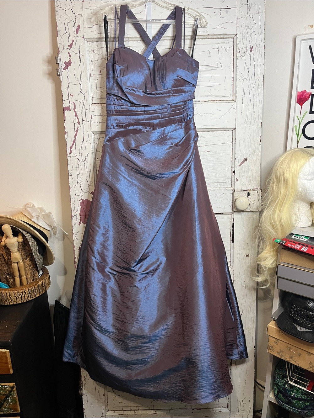 Bill LEVKOFF Iridescent Purple Satin like maxi Dress cross-cross back Sz 6